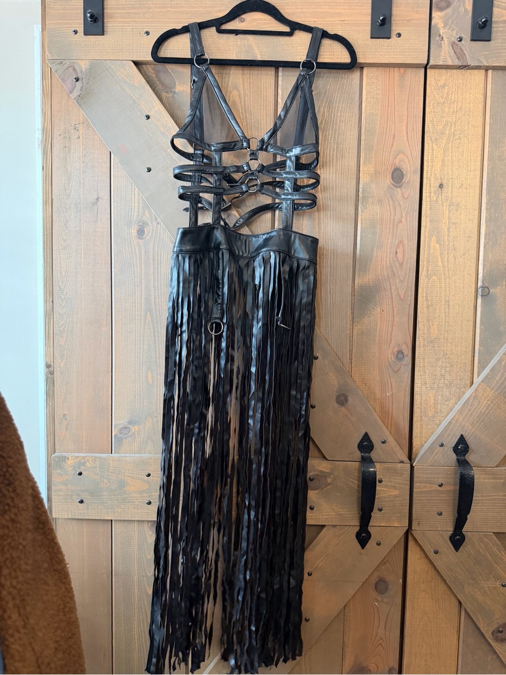 Black Faux Leather Fringe Maxi Dress with Harness Straps - Picture 5 of 13